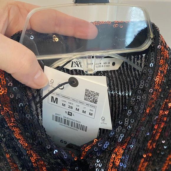 Zara sequin top black and orangey bronze button up shirt size Medium - Picture 7 of 13